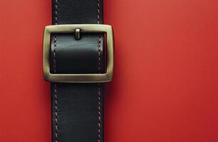 Black leather belt with a brass buckle resting against a vibrant red background photo