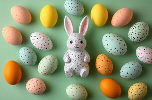 Colorful Easter eggs and decorations scattered on a mint green background for spring celebration photo