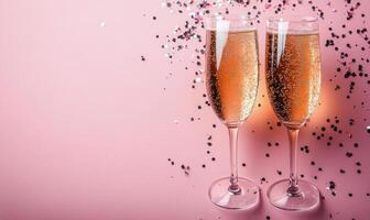 Celebratory champagne flutes filled with bubbly drink against a festive pink backdrop photo