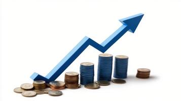 Blue arrow pointing upward above a pile of coins on a light background photo