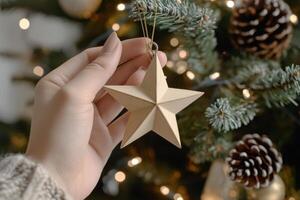 Delicately placing a star ornament on a snow-covered Christmas tree in warm holiday light photo