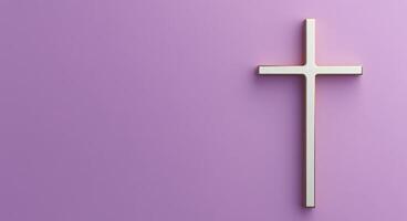 Simple wooden cross on a soft purple background, symbolizing faith and spirituality photo