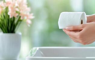Hands holding a roll of toilet paper near a sink and flowers in a bright bathroom setting photo