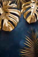 Golden tropical leaves against a dark blue background create an elegant decor theme photo