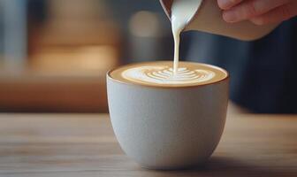 Skilled barista pouring latte art into a white cup in a cozy cafe setting photo