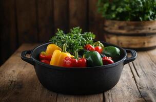 Cast iron pot on wooden table with fresh vegetables in rustic kitchen setting photo