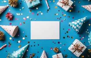 Festive arrangement with presents, pine cones, and decorations on a blue background for the holidays photo