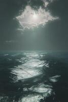 Dark clouds loom over choppy ocean waters during an intense stormy afternoon photo