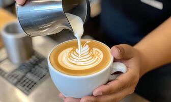 Skilled barista pouring latte art into a white cup in a cozy cafe setting photo