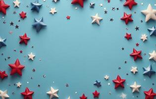 Colorful red, white, and blue star decorations arranged on a blue background for festive occasions photo