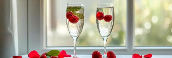 Champagne flutes with raspberries and rose petals for romantic celebration at sunlight photo