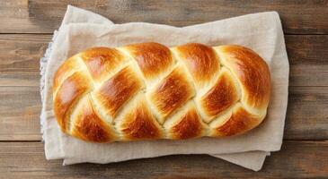 Freshly baked braided bread on a wooden table with linen cloth photo