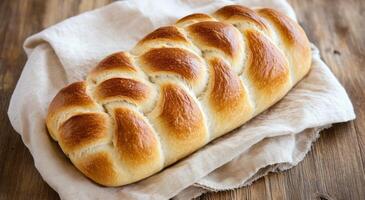 Freshly baked braided bread on a wooden table with linen cloth photo