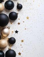 Decorative black and gold Christmas ornaments on a white background with glitter photo