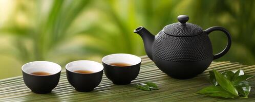 Brewing black tea with teapot and loose leaves on wooden table surrounded by green foliage photo