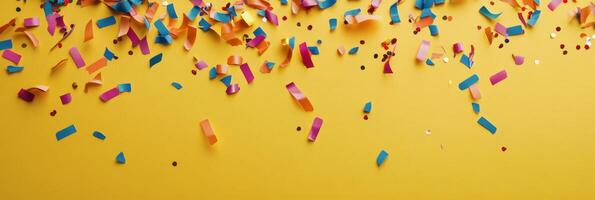 Colorful confetti scattered on bright yellow background for celebration and festivities photo