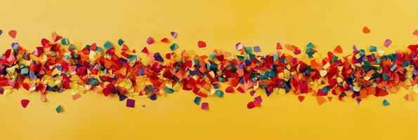 Colorful confetti scattered on bright yellow background for celebration and festivities photo