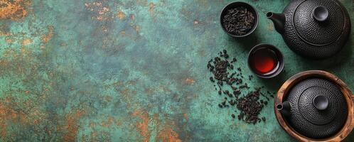 Delicious black tea preparation with a teapot and dried tea leaves on a rustic table photo