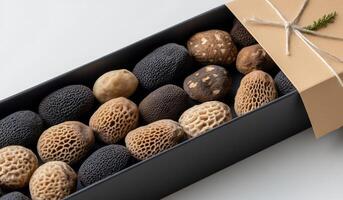 Freshly harvested morel mushrooms in a wooden box on a light surface photo