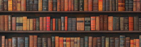 Collection of antique books arranged neatly on wooden shelves in a library setting photo