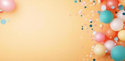 Colorful balloons and confetti arranged on a soft pastel background for a festive atmosphere photo