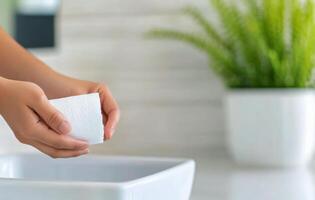Hands holding a roll of toilet paper near a sink and flowers in a bright bathroom setting photo