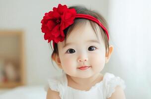 Charming baby with a red flower headband lying on a cozy surface photo