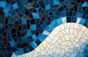 Abstract mosaic design featuring blue and white patterns resembling waves and water photo