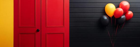 Brightly colored wall with red doors and balloons in yellow, black, and red photo