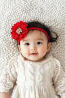 Baby girl in white dress with red flower headband lying on soft blanket photo
