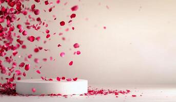 Red rose petals cascade gently from above onto a smooth, circular white platform photo
