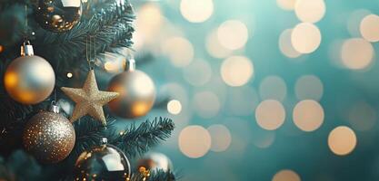 Christmas tree decorated with ornaments and warm lights in a festive atmosphere photo