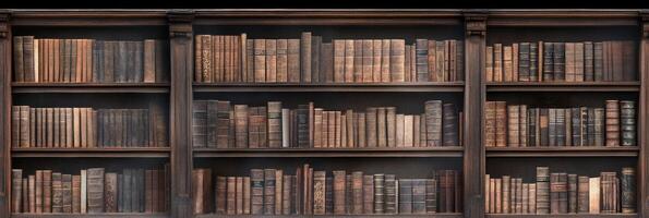 Collection of antique books arranged neatly on wooden shelves in a library setting photo
