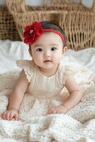 Baby girl in white dress with red flower headband lying on soft blanket photo