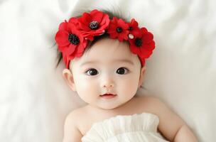 Charming baby with a red flower headband lying on a cozy surface photo