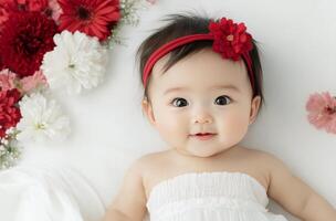 Charming baby with a red flower headband lying on a cozy surface photo