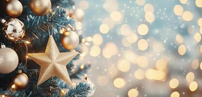Christmas tree decorated with ornaments and warm lights in a festive atmosphere photo