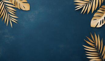 Dark textured background with golden and green palm leaves arranged artistically photo