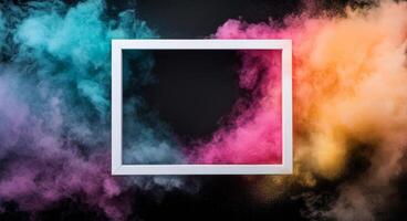 Colorful smoke swirls around an empty frame showcasing vibrant hues of pink and blue photo