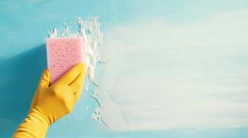 Cleaning a blue wall with a sponge and yellow glove during a home improvement project photo