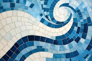 Abstract mosaic design featuring blue and white patterns resembling waves and water photo
