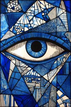 Stunning blue stained glass window featuring an eye design in intricate geometric patterns photo