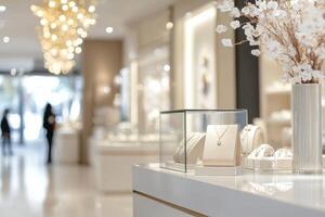 Luxurious shopping experience in a modern jewelry store with sleek displays and bright lighting photo