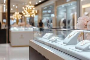 Luxurious shopping experience in a modern jewelry store with sleek displays and bright lighting photo