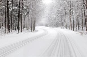Snowy winding road through quiet forest landscape in winter season photo