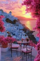 Sunset view from a terrace with bougainvillea in Santorini, Greece, highlighting white buildings photo