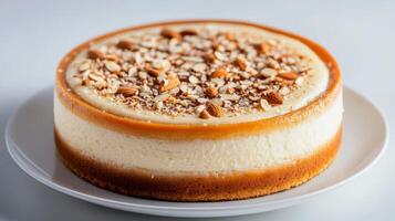 Deliciously creamy cheesecake topped with almonds served on a white plate photo