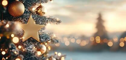 Christmas tree decorated with ornaments and warm lights in a festive atmosphere photo