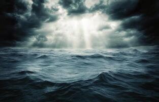 Dark storm clouds over turbulent ocean waters create a dramatic seascape photo