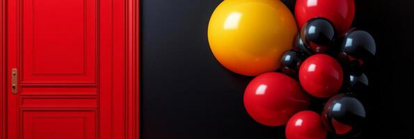 Brightly colored wall with red doors and balloons in yellow, black, and red photo